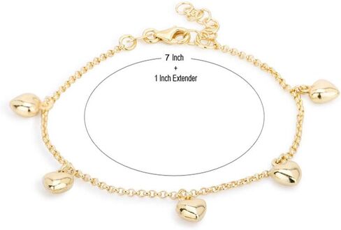 18K Gold Plated Jewelry - Dangling Multi Hearts Charm Bracelet - Beautifully handcrafted for Women - 7" long + 1" extender in Saudi Arabia