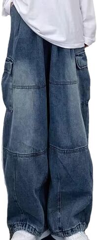 Women's High Waist Denim Pants Y2K Grunge Clothes Wide Leg Cargo Jeans Emo Alternative Clothing Goth Punk Streetwear in Saudi Arabia