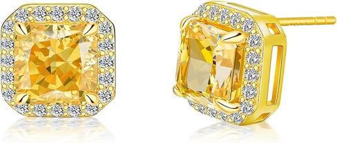 PHNIBIRD Gold Stud Earrings for Women 925 Sterling Silver with Radiant Cut Yellow Cubic Zirconia Square Earrings Shiny Gift for Her, 11mm x 11mm, Sterling Silver, Cubic Zirconia in Kuwait