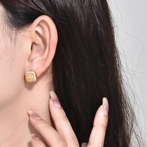 PHNIBIRD Gold Stud Earrings for Women 925 Sterling Silver with Radiant Cut Yellow Cubic Zirconia Square Earrings Shiny Gift for Her, 11mm x 11mm, Sterling Silver, Cubic Zirconia in Kuwait