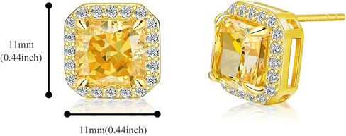 PHNIBIRD Gold Stud Earrings for Women 925 Sterling Silver with Radiant Cut Yellow Cubic Zirconia Square Earrings Shiny Gift for Her, 11mm x 11mm, Sterling Silver, Cubic Zirconia in Kuwait