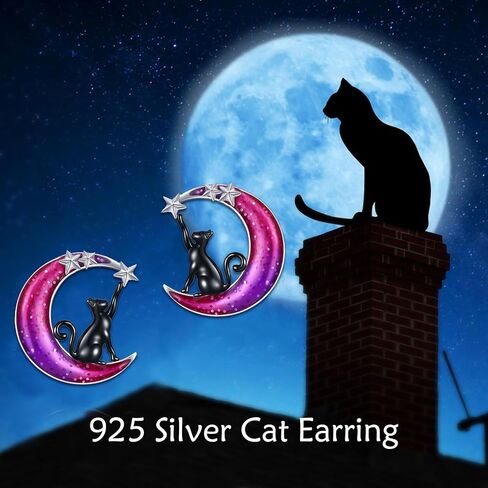 VONALA Moon Cat Earrings for Women 925 Sterling Silver Cat Stud Earrings for Girls Animal Earrings Gifts in Saudi Arabia