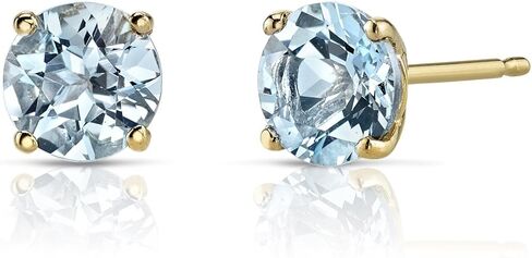 Peora 14K Yellow Gold Genuine Aquamarine Stud Earrings for Women, Classic Solitaire Round Shape, 6mm, 1.50 Carats total, Friction Back in Kuwait