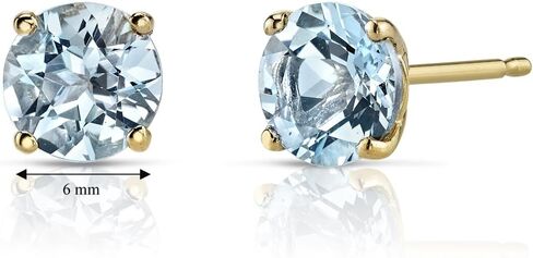 Peora 14K Yellow Gold Genuine Aquamarine Stud Earrings for Women, Classic Solitaire Round Shape, 6mm, 1.50 Carats total, Friction Back in Kuwait