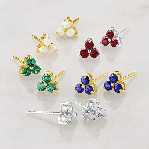 14k White or Yellow Gold Small Gemstone Trio Round Stud Earrings for Women with Push Backs and Birthstones by MAX + STONE in Kuwait