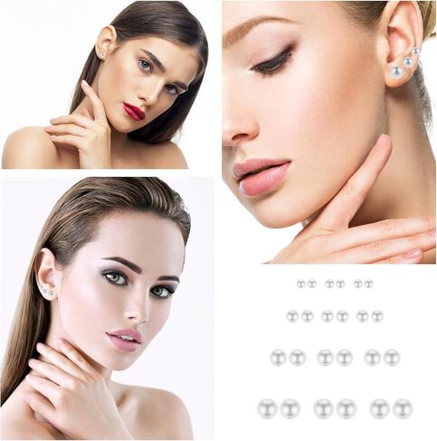 12 Pairs Faux Pearl Stud Earrings Round Ball Beads Stud Earrings Stainless Steel Imitation Pearl Earrings for Women Girls (6MM 8MM 10MM 12MM) in Saudi Arabia