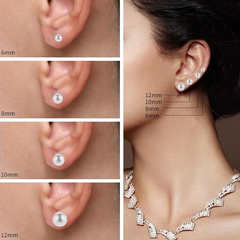 12 Pairs Faux Pearl Stud Earrings Round Ball Beads Stud Earrings Stainless Steel Imitation Pearl Earrings for Women Girls (6MM 8MM 10MM 12MM) in Saudi Arabia
