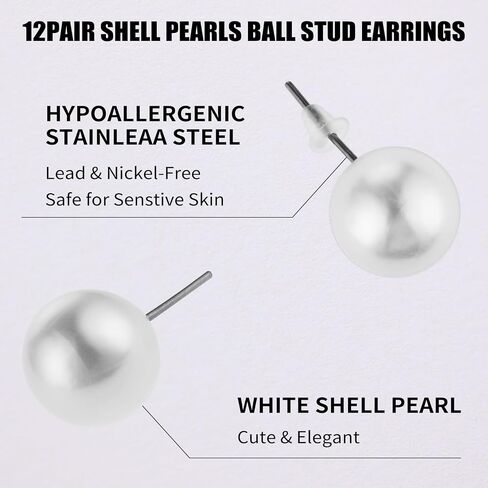 12 Pairs Faux Pearl Stud Earrings Round Ball Beads Stud Earrings Stainless Steel Imitation Pearl Earrings for Women Girls (6MM 8MM 10MM 12MM) in Saudi Arabia
