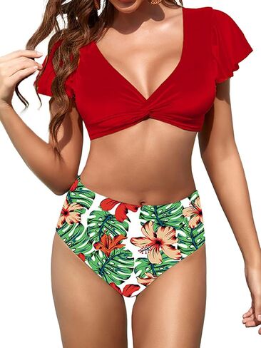 Women's Floral Print Bikini Set Twist V Neck Butterfly Sleeve High Waist Two Piece Swimsuit Bathing Suit in Saudi Arabia