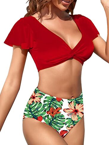 Women's Floral Print Bikini Set Twist V Neck Butterfly Sleeve High Waist Two Piece Swimsuit Bathing Suit in Saudi Arabia