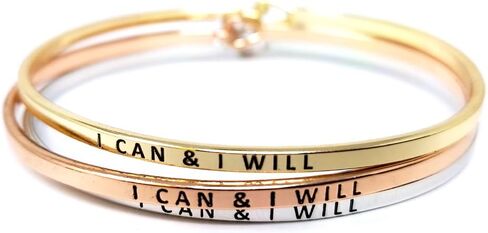 Inspirational I CAN & I Will Message Engraved Thin Cuff Bangle Hook Bracelet (I CAN & I Will-Rosegold, Brass) in Saudi Arabia
