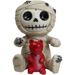 Ebros Egyptian Furrybones Mummy Sarcophagus with Red Teddy Bear and Creepy Spiders Figurine Small 2.75 Inch Tall Furry Bones Skeleton Decor Statue Gods and Goddesses of Egypt