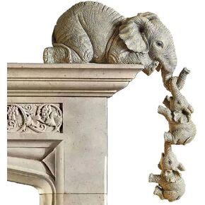 3 Set Elephant Shelf Sitter, Mother Elephant Hanging 2 Baby Elephants on The Edge, Hand-Painted Resin Collectable Figurines for Home Decor Gift