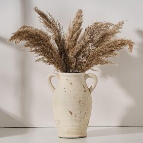 Large Ceramic Rustic Vase with 2 Handles, 9.8 inch Whitewashed Terra Cotta Vase, Decorative Pottery Flower Vase for Home Decor, Living Room, Shelf Decor, Enterway, Table Decoration, Gray