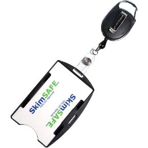 RFID Blocking Badge Holder with Retractable Carabiner Clip Badge Reel - Dual Sided 2 Card Protection - Skim Safe Fips 201 Approved - Blocking Shield for 13.56MHz Radio Signal by Specialist ID (Black)