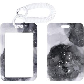ID Badge Holder with Keychain, Spring Rope, and Metal Ring – Slide-Open Plastic Card Case with Clear Window for Men, Women, Students,Black Marble