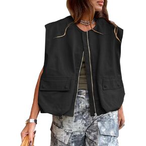 Womens Oversized Zip Up Cargo Vest Fashion Casual Ruched Hem Sleeveless Blazer Jackets Vest Top with Pockets