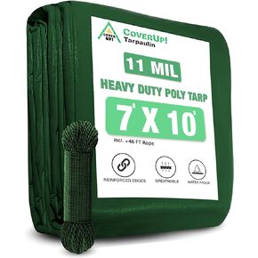CoverUp 7x10 Feet Tarp, 11 Mil Thick Heavy Duty Tarp Waterproof w/ 46 FT Rope for Fastening - UV-Resistant, Tear-Proof Cover with Grommets for Rain, Roof, RV, Camping, Pool, Outdoor Protection, Green