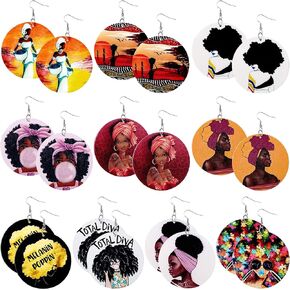 Hicarer 10 Pairs African American Earrings for Black Women Wooden Painted Earrings Ethnic Style Dangle Drop Earring for Girl