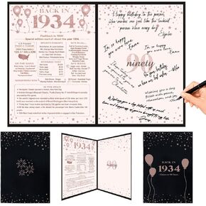 Crenics 90th Birthday Gift for Women, Creative Back in 1934 Birthday Poster, Giant 90th Birthday Guest Signature Book, Black and Pink 90 Birthday Decorations Party Supplies