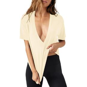 Womens Deep V-Neck T Shirts Sexy Short Sleeve Tops Summer Oversized Tee