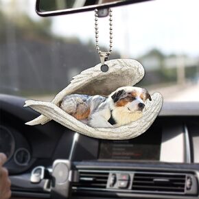 Talataca Blue Merle Australian Shepherd Sleeping Angel Wing Memorial Dog 2D Flat Car Rear View Mirror Accessories Christmas Tree Ornament Decoration Hanging Charm Interior Rearview Pendant Decor Gift