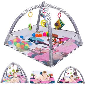 صالة الألعاب الرياضية للأطفال - سجادات لعب أنشطة الأطفال في صالة الألعاب الرياضية للأرضية للرضع وصالات الألعاب الرياضية وسجادات اللعب، سجادة أنشطة الأطفال بما في ذلك ألعاب التطوير الحسي المتحركة للرضع من البنات والأولاد (رمادي ووردي) in Kuwait