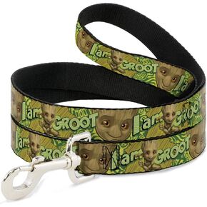 Dog Leash Baby Groot Pose Face I Am Groot Browns Greens Yellows 4 Feet Long 1.5 Inch Wide
