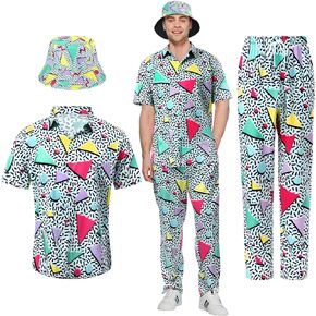 2 Pcs Men's 80s 90s Outfit Retro Shirts and Loose Pant Set Bucket Hats 80s Mens Outfit for Party Hawaiian Beach