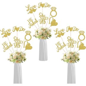 12 Pack He Asked She Said Yes Centerpiece Sticks Love Heart I do Ring Table Flower Centerpiece Sticks for Wedding Engagement Bridal Theme Party Supplies Gold