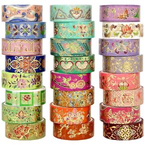 24 Rolls Washi Tape Set, Gold Foil Floral Decorative Tape for Scrapbooking, Bullet Journaling, Planner, DIY Crafts, Christmas - Floral Feast