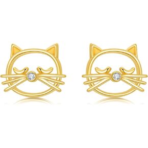 Cat Earrings 14k Real Gold Cute Animal Stud Earrings for Women Teens Girls Birthday Christmas Gifts (Cat-2)