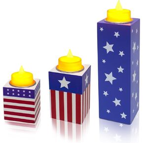 3 Pcs 4th of July Table Decoration Patriotic Wood Candle Holders with LED Tea Lights 4th of July Tiered Tray Decor Patriotic Table Centerpiece for Independence Day Memorial Day Home Office