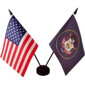 America & Utah Twin Desk Flag, US Utah Table Flags, 8 x 5 Inches American & Utah Deluxe Desk Flag Set - Miniature USA & Utah Stick Flag with Flag Stand