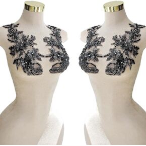 FRILMS Handmade Beaded Crystal Patches Bodice Lace DIY Applique Patches Accessory for Dress Clothes(CG-1-black)