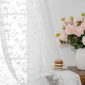 H.ebony Ivory Lace Curtains 63 Long - Cream Leaf Sheer Lace Curtains Set for Living Room/French Door, Airy Country Off White Lace Window Curtains 2 Panels, 52 x 63 Inch, Beige
