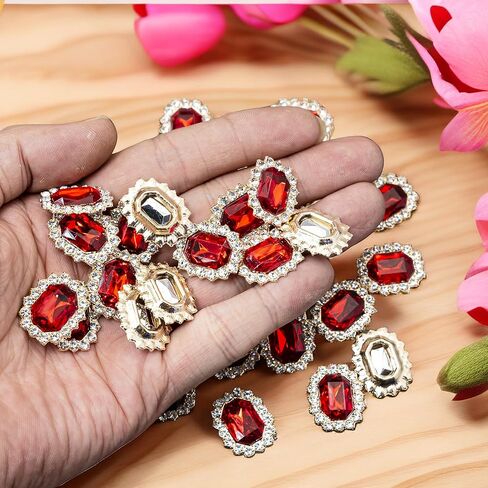 50 pcs Luxurious Rhinestone Embellishments Crystal Decoration Handcraft Button Gold Bottom DIY Project for Flower Headband Dress Accessory (Red) in Saudi Arabia