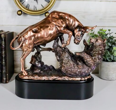 Ebros Wall Street Stock Market Charging Bull Trouncing Bear Statue with Pedestal Base Bronze Electroplated Resin Sculpture of Bull VS Bear Ideal Gifts for Financial Investment Managers Investor in Saudi Arabia