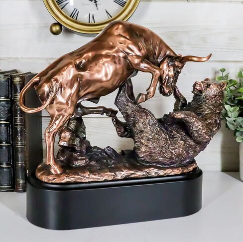 Ebros Wall Street Stock Market Charging Bull Trouncing Bear Statue with Pedestal Base Bronze Electroplated Resin Sculpture of Bull VS Bear Ideal Gifts for Financial Investment Managers Investor in Saudi Arabia