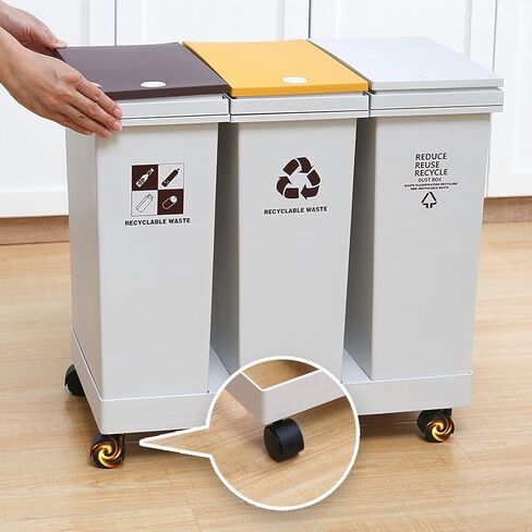 سلة قمامة بعجلات سعة 20 لترًا × 3 حجرات، سلة مهملات المطبخ المعاد تدويرها بالضغط على الغطاء المفتوح لفرز النفايات، إجمالي 16 جالونًا من حاوية القمامة للمنزل والمكتب وغرفة المعيشة in Kuwait