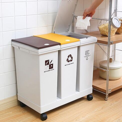 سلة قمامة بعجلات سعة 20 لترًا × 3 حجرات، سلة مهملات المطبخ المعاد تدويرها بالضغط على الغطاء المفتوح لفرز النفايات، إجمالي 16 جالونًا من حاوية القمامة للمنزل والمكتب وغرفة المعيشة in Kuwait