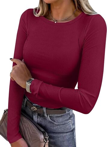 ANRABESS Women Long Sleeve Crewneck Rib Knit Slim Fit Shirts Basic Tee Tops 2024 Casual T-Shirt Going Out Workout Outfits in Kuwait