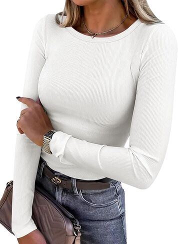 ANRABESS Women Long Sleeve Crewneck Rib Knit Slim Fit Shirts Basic Tee Tops 2024 Casual T-Shirt Going Out Workout Outfits in Kuwait