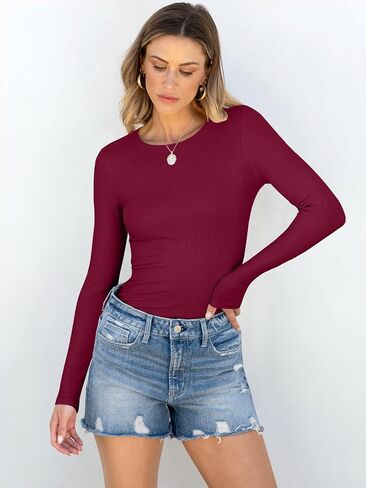 ANRABESS Women Long Sleeve Crewneck Rib Knit Slim Fit Shirts Basic Tee Tops 2024 Casual T-Shirt Going Out Workout Outfits in Kuwait