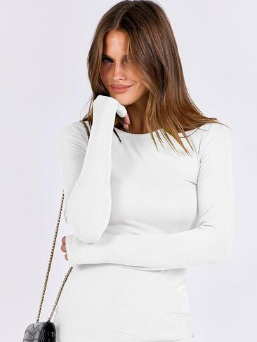 ANRABESS Women Long Sleeve Crewneck Rib Knit Slim Fit Shirts Basic Tee Tops 2024 Casual T-Shirt Going Out Workout Outfits in Kuwait
