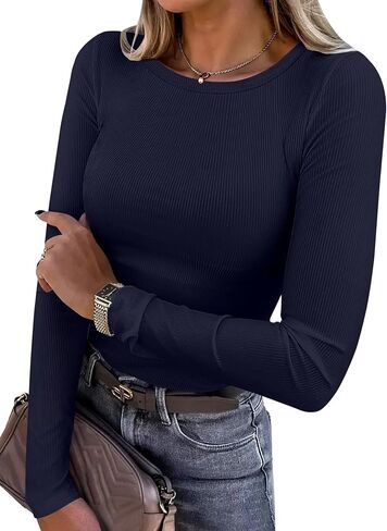 ANRABESS Women Long Sleeve Crewneck Rib Knit Slim Fit Shirts Basic Tee Tops 2024 Casual T-Shirt Going Out Workout Outfits in Kuwait