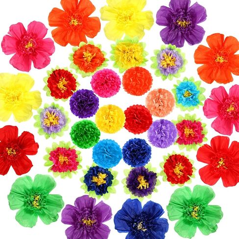 44 Pcs Colorful Tissue Paper Flowers 10" Fiesta Tissue Paper Pom Poms Decorations 20" 10" Mexican Paper Flowers for Party Wedding Birthday Bridal Baby Shower Wall Backdrop Nursery Decor in Saudi Arabia
