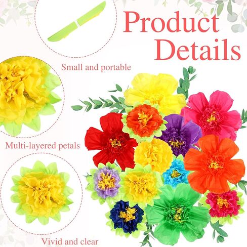 44 Pcs Colorful Tissue Paper Flowers 10" Fiesta Tissue Paper Pom Poms Decorations 20" 10" Mexican Paper Flowers for Party Wedding Birthday Bridal Baby Shower Wall Backdrop Nursery Decor in Saudi Arabia