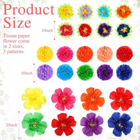 44 Pcs Colorful Tissue Paper Flowers 10" Fiesta Tissue Paper Pom Poms Decorations 20" 10" Mexican Paper Flowers for Party Wedding Birthday Bridal Baby Shower Wall Backdrop Nursery Decor in Saudi Arabia