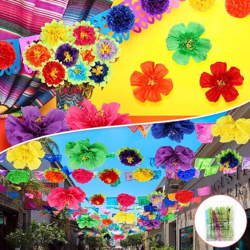 44 Pcs Colorful Tissue Paper Flowers 10" Fiesta Tissue Paper Pom Poms Decorations 20" 10" Mexican Paper Flowers for Party Wedding Birthday Bridal Baby Shower Wall Backdrop Nursery Decor in Saudi Arabia